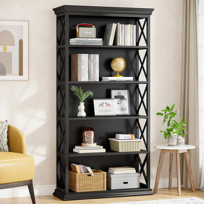 Industrial Bookshelf - 70.87in Tall Metal X-Frame Bookcase (Black 01)