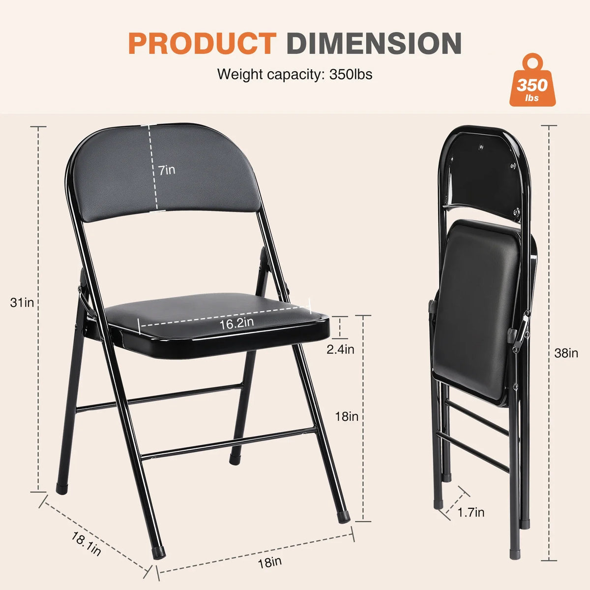 Labelled size diagram for the padded folding chair