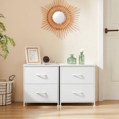 White Nightstand - 2 Drawer Bedside Table with Fabric Drawers