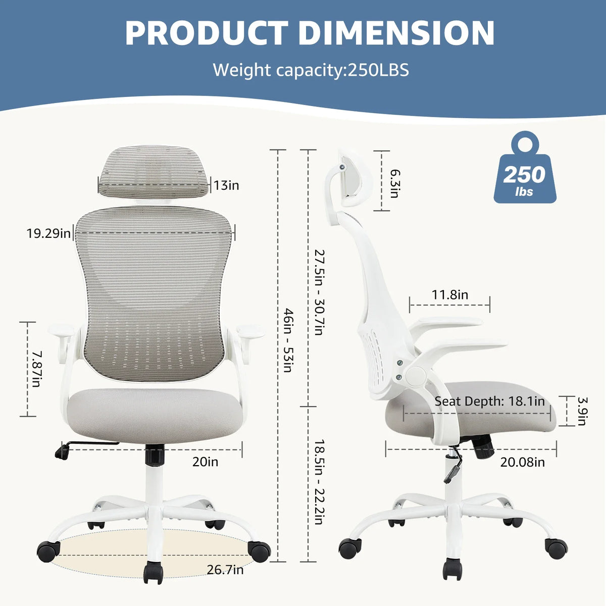 Labelled size diagram for the mesh ergonomic office chair