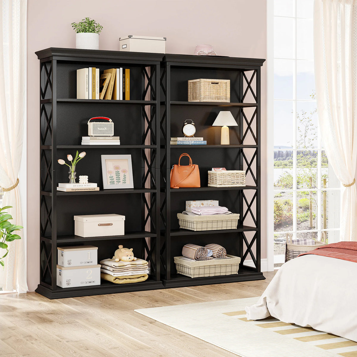 Industrial Bookshelf - 70.87in Tall Metal X-Frame Bookcase (Black 01)