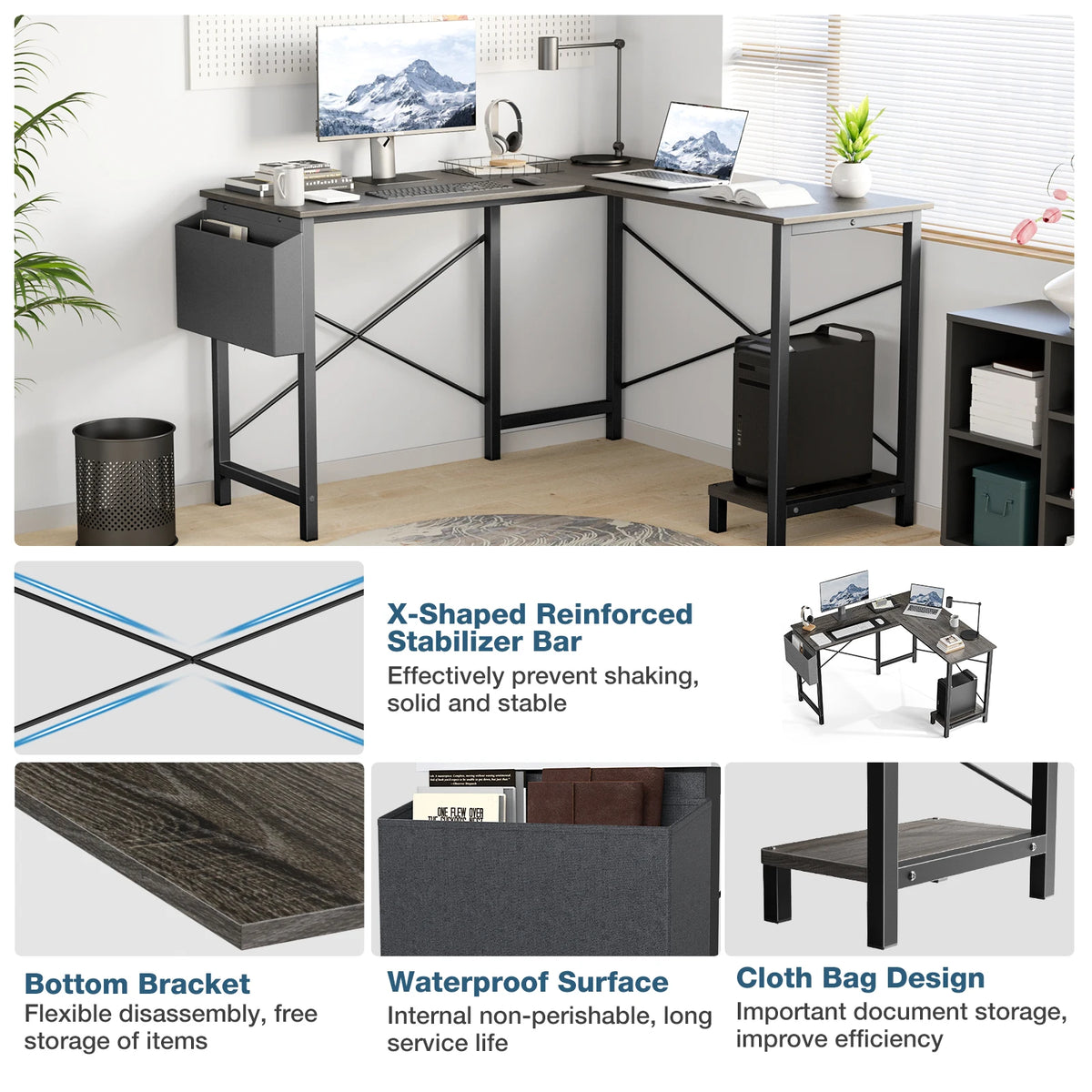 L Shaped Gaming Desk - Corner Computer Desk with CPU Shelf (Gray Wood)