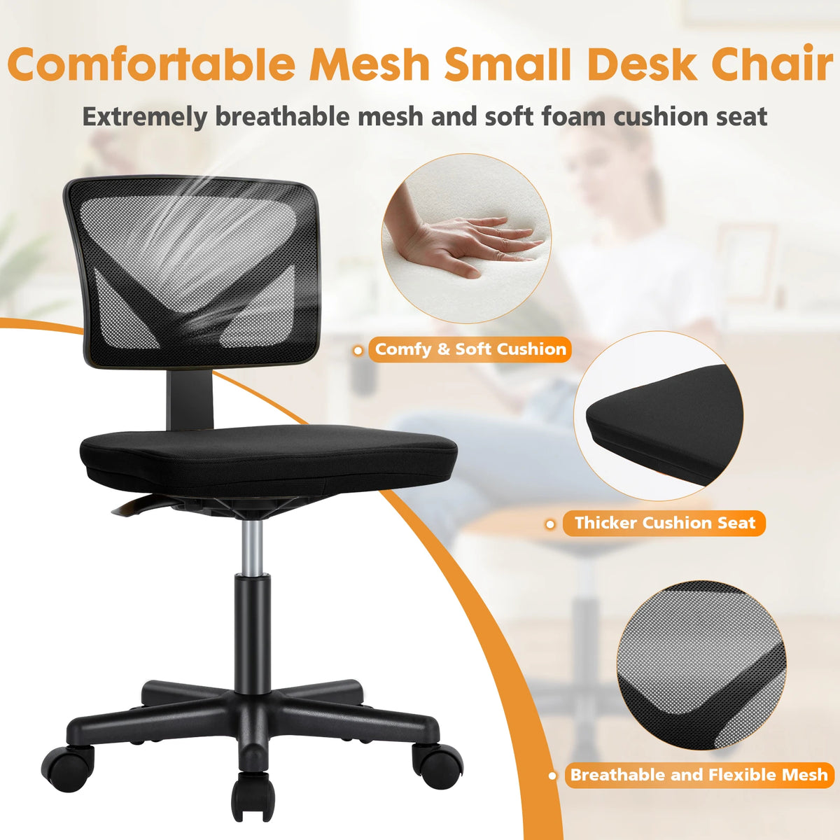 Armless Office Chair - Ergonomic Mesh Desk Chair (Black)