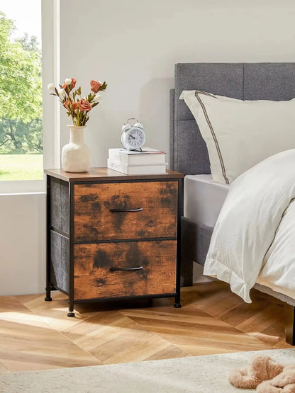 Narrow Nightstand - 2 Drawer Bedside Table with Fabric Drawers (Brown)