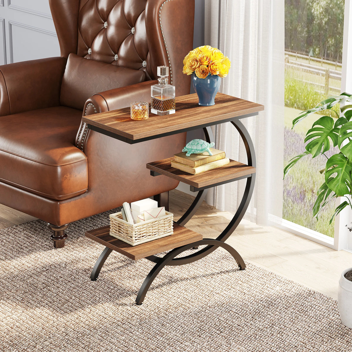 End Table - C Shaped 3 Tier Side Table (Chocolate)
