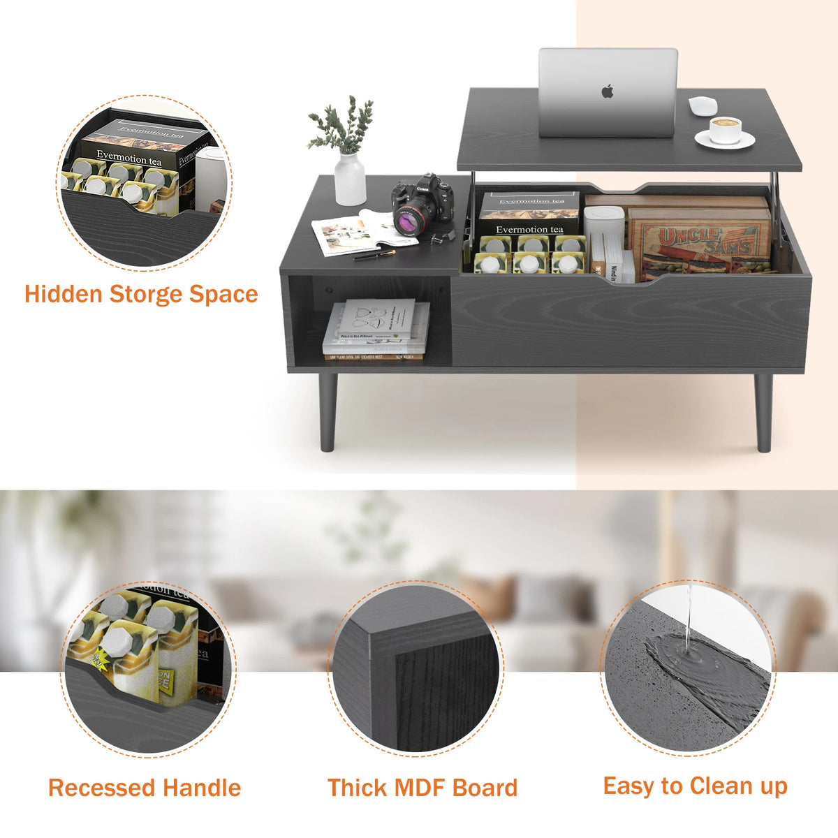 Low Profile Lift Top Coffee Table - Wood Top (Black)
