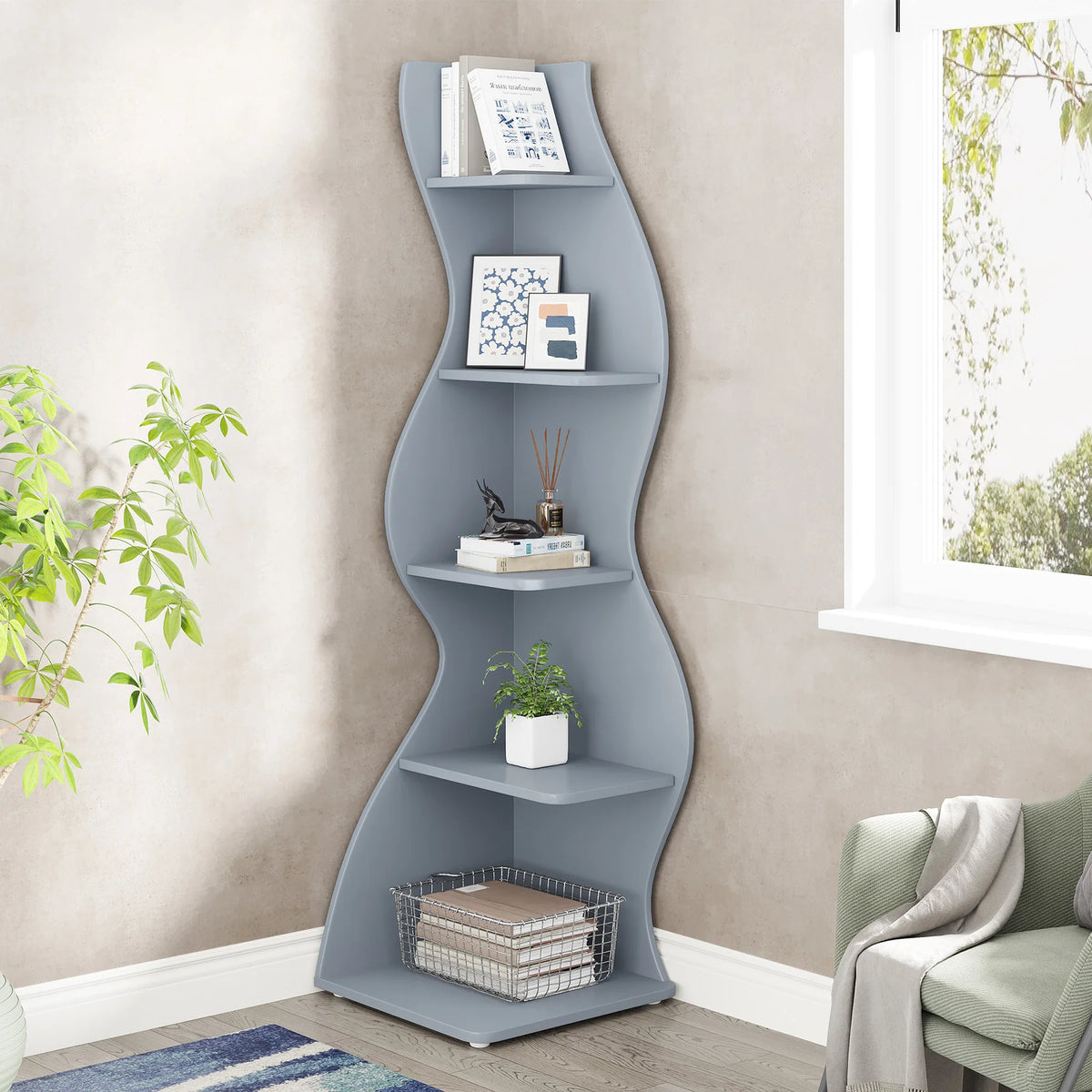 Corner Shelf - Tall 5-Tier Kids Corner Bookshelf (Blue)