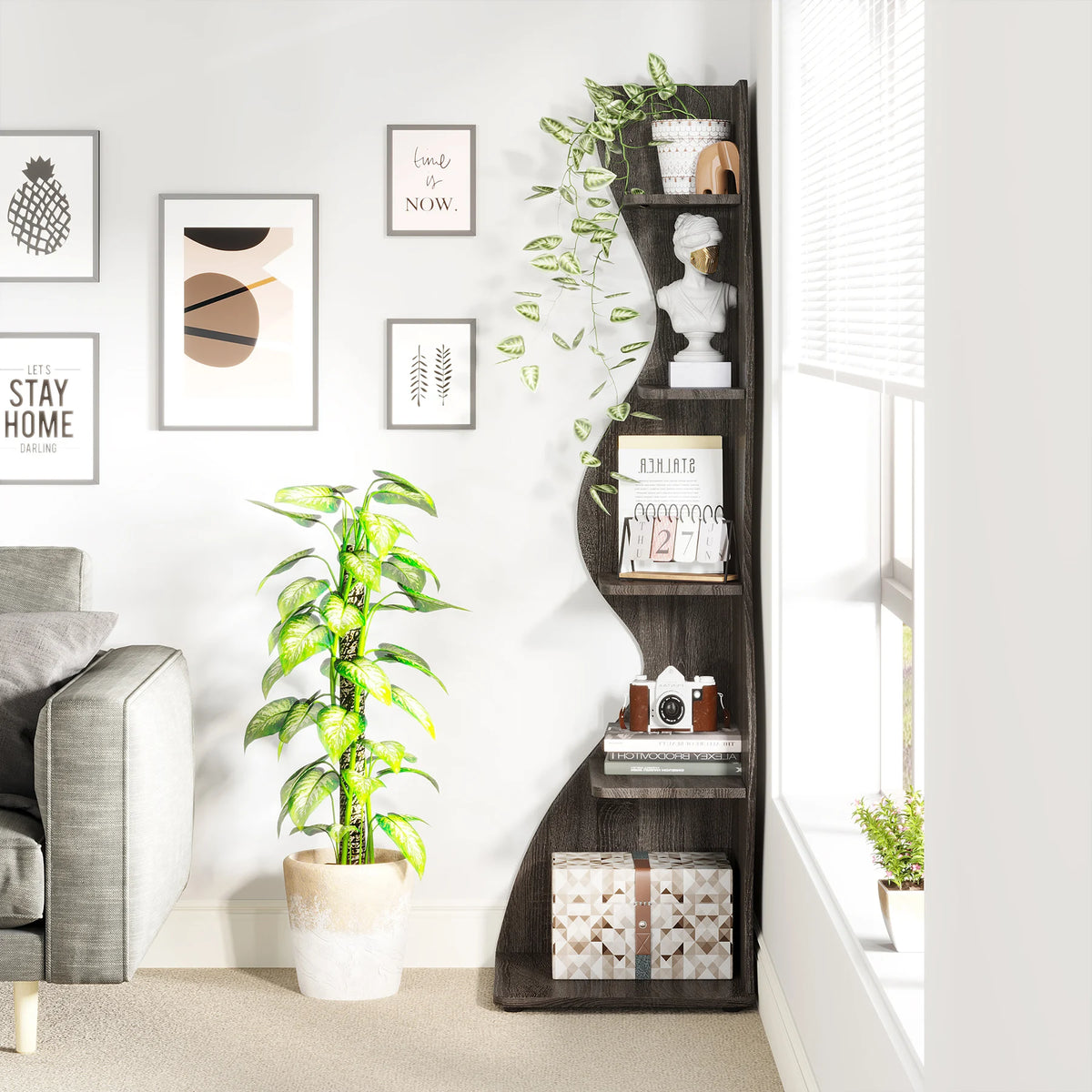Corner Shelf - Tall 5-Tier Corner Bookshelf (Grey)