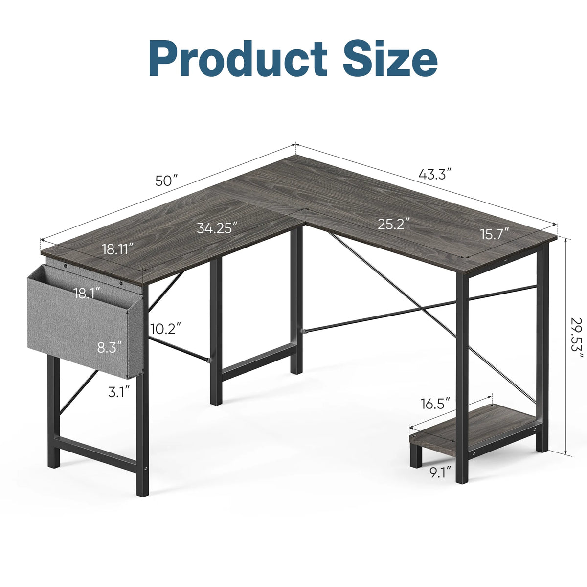 L Shaped Gaming Desk - Corner Computer Desk with CPU Shelf (Gray Wood)