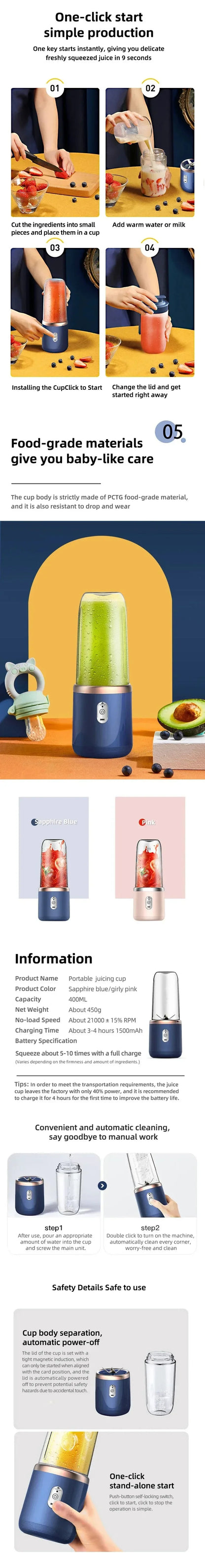 Portable USB Blender - 400ml Travel Juicer Cup