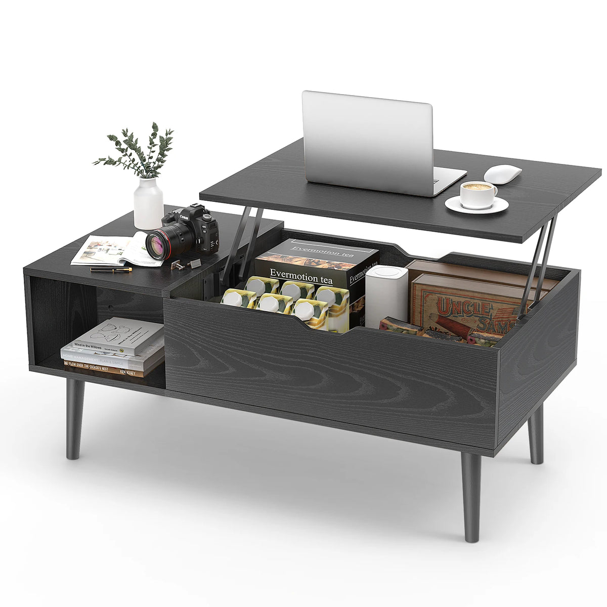 Low Profile Lift Top Coffee Table - Wood Top (Black)