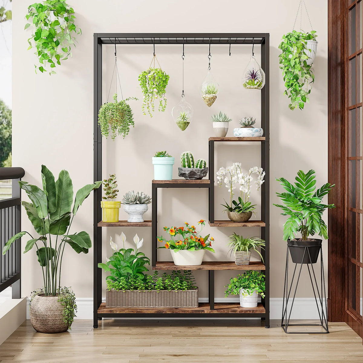 Tiered Plant Stand - 5 Tier Tall Metal Indoor Plant Shelf (Brown)