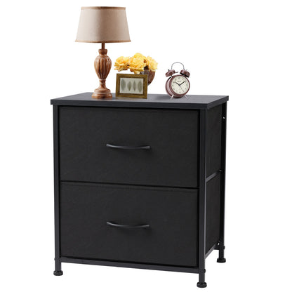Black Nightstand - Small 2 Drawer Bedside Table with Fabric Drawers