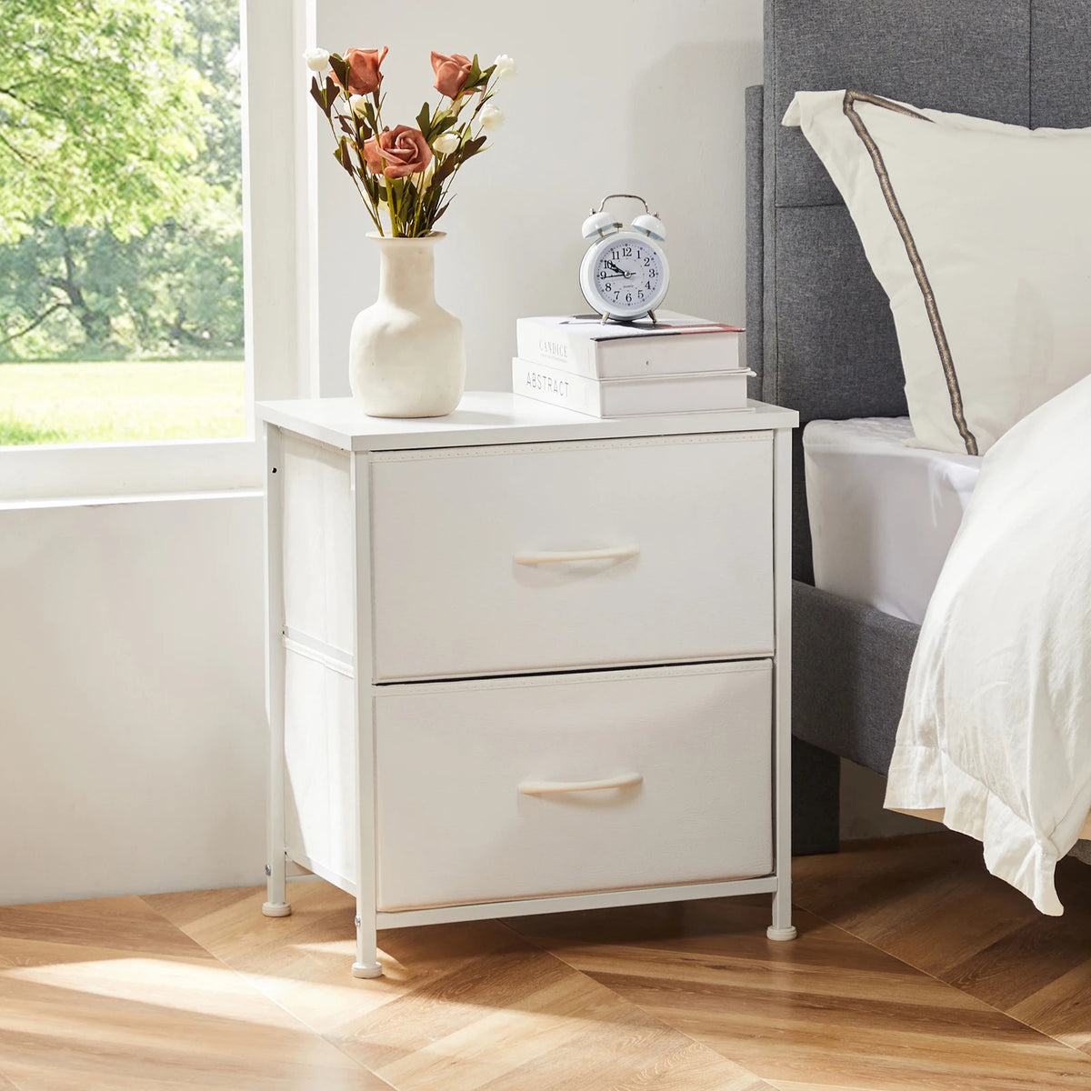 White Nightstand - 2 Drawer Bedside Table with Fabric Drawers