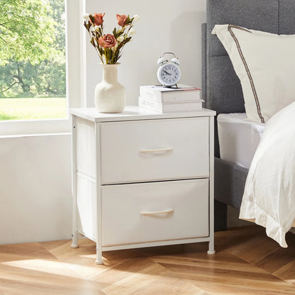 White Nightstand - 2 Drawer Bedside Table with Fabric Drawers