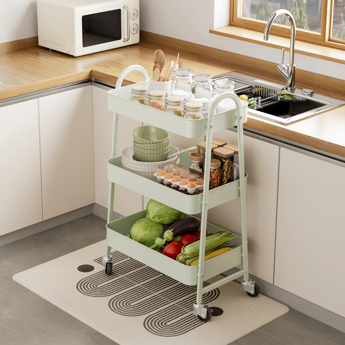 3 Tier Rolling Cart - White Kitchen Storage Cart on Wheels