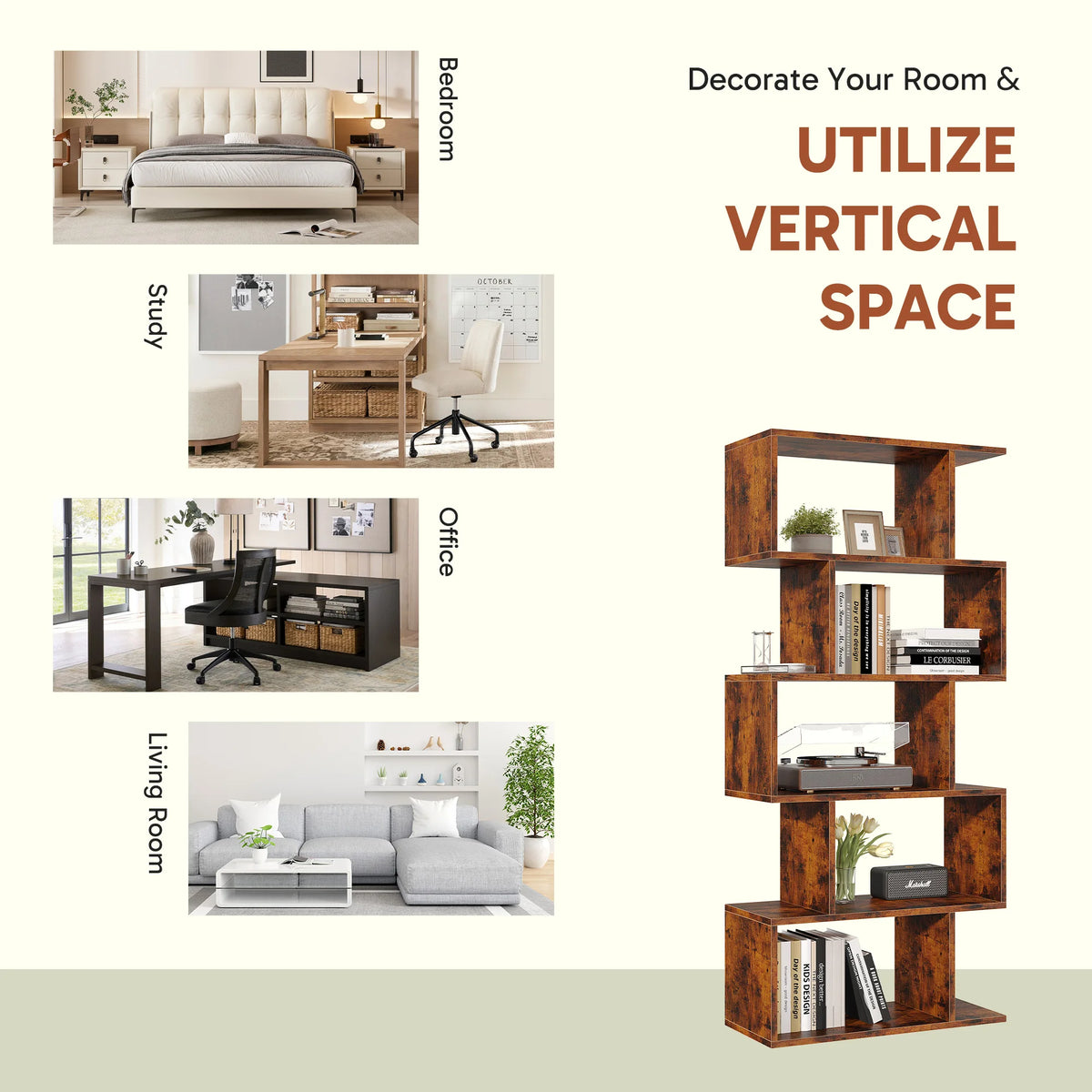 Bookshelf Room Divider - 5 Tier S-Shaped Bookcase