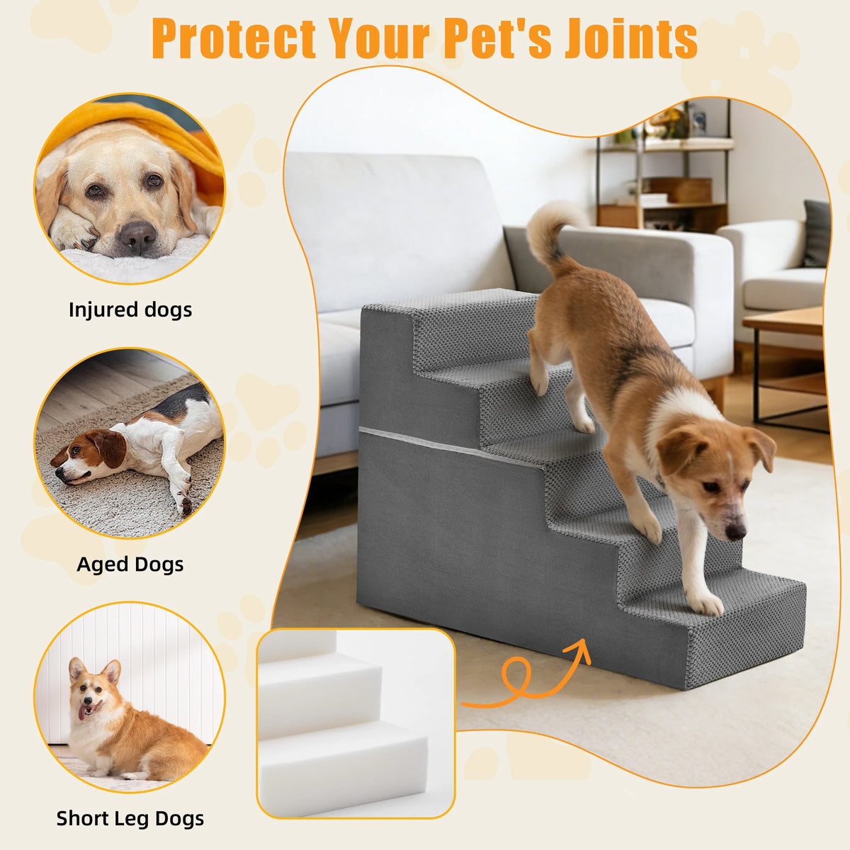 Dog Stairs for Bed - Non-Slip Foam Dog Steps for Bed and Couch (5 Layers)