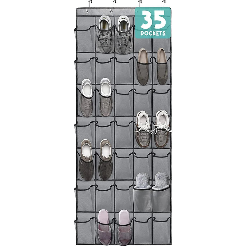 Shoe organizer pockets filled with sneakers, flats, and sandals