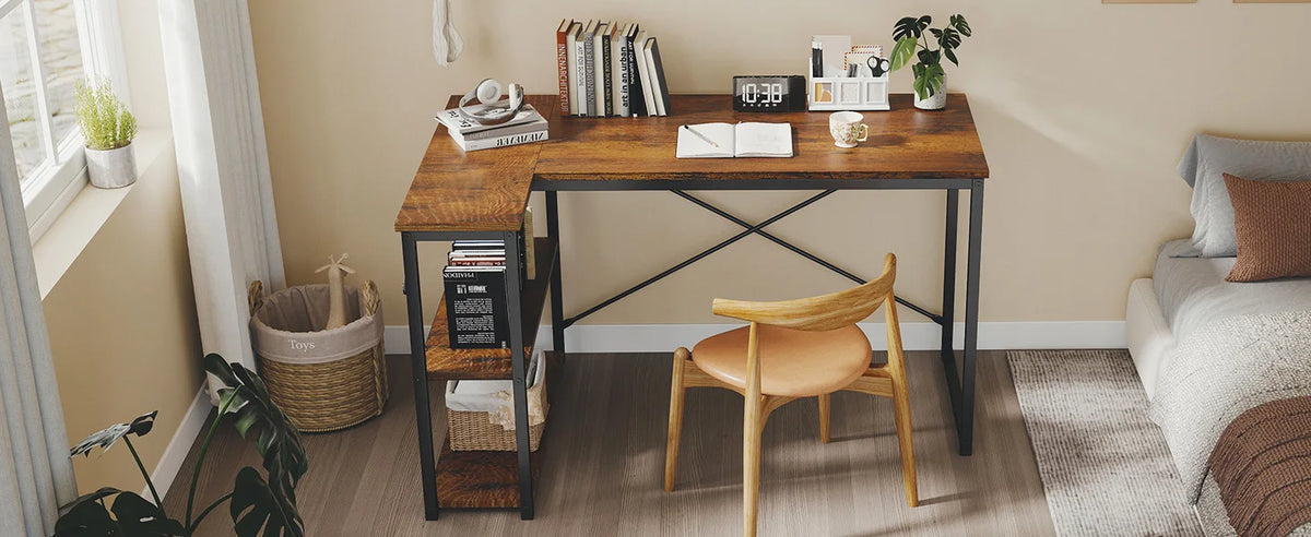 L Shaped Desk - Corner Computer Desk with Bookshelf and 2 Tier Storage Shelves (Rustic Brown)