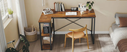 L Shaped Desk - Corner Computer Desk with Bookshelf and 2 Tier Storage Shelves (Rustic Brown)