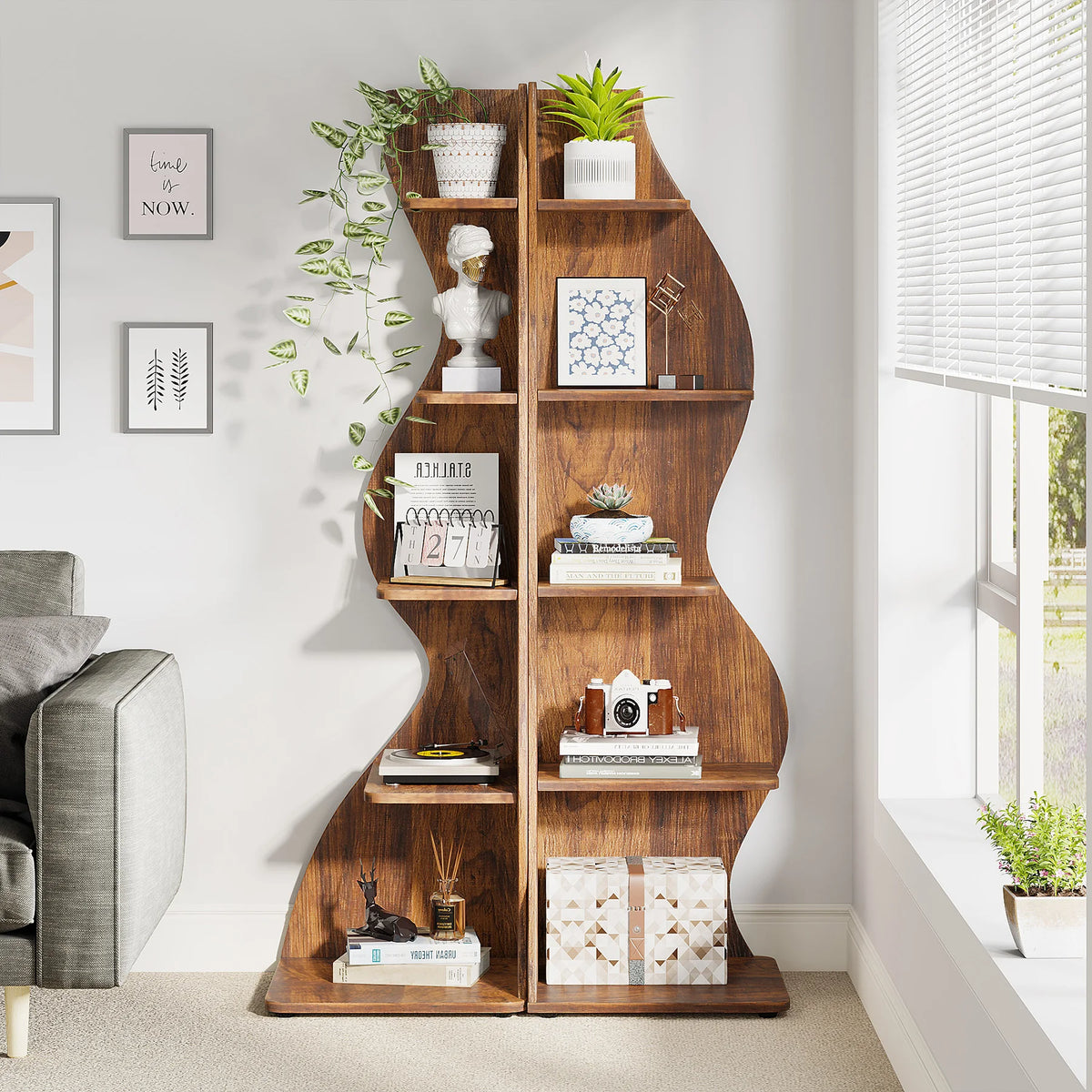 Corner Shelf - Tall 5-Tier Wood Corner Bookcase (Rustic Brown)
