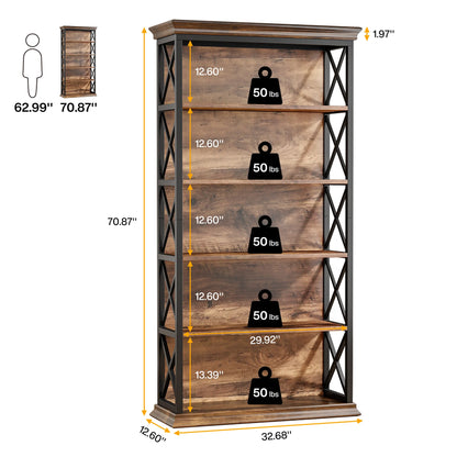 Industrial Bookshelf - 70.87in Tall Metal X-Frame Bookcase (Brown 01)