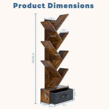 7-Tier Tree Bookshelf - Corner Bookcase with Fabric Drawer