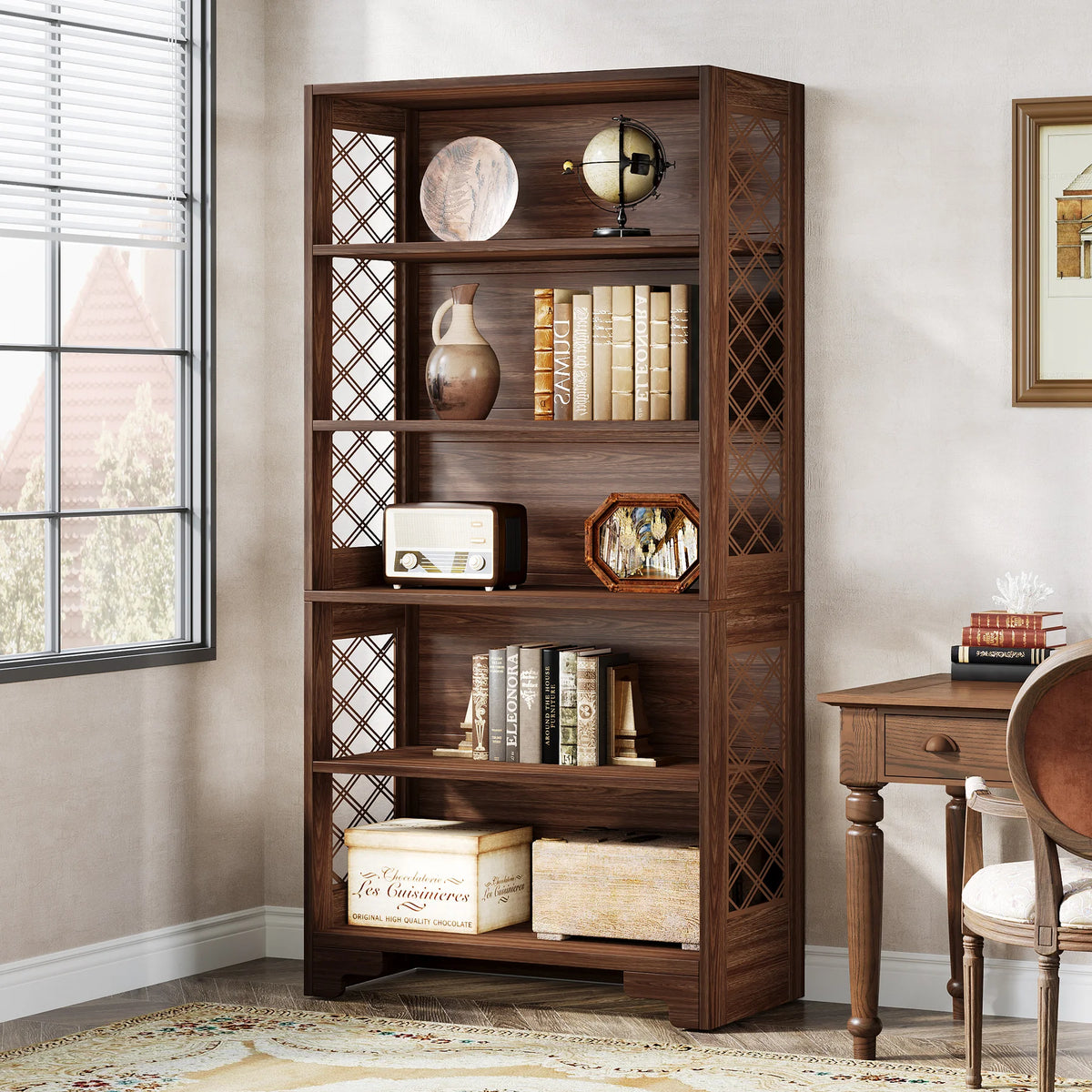 Industrial Bookshelf - 70.87in Tall Metal X-Frame Bookcase (Brown 02)