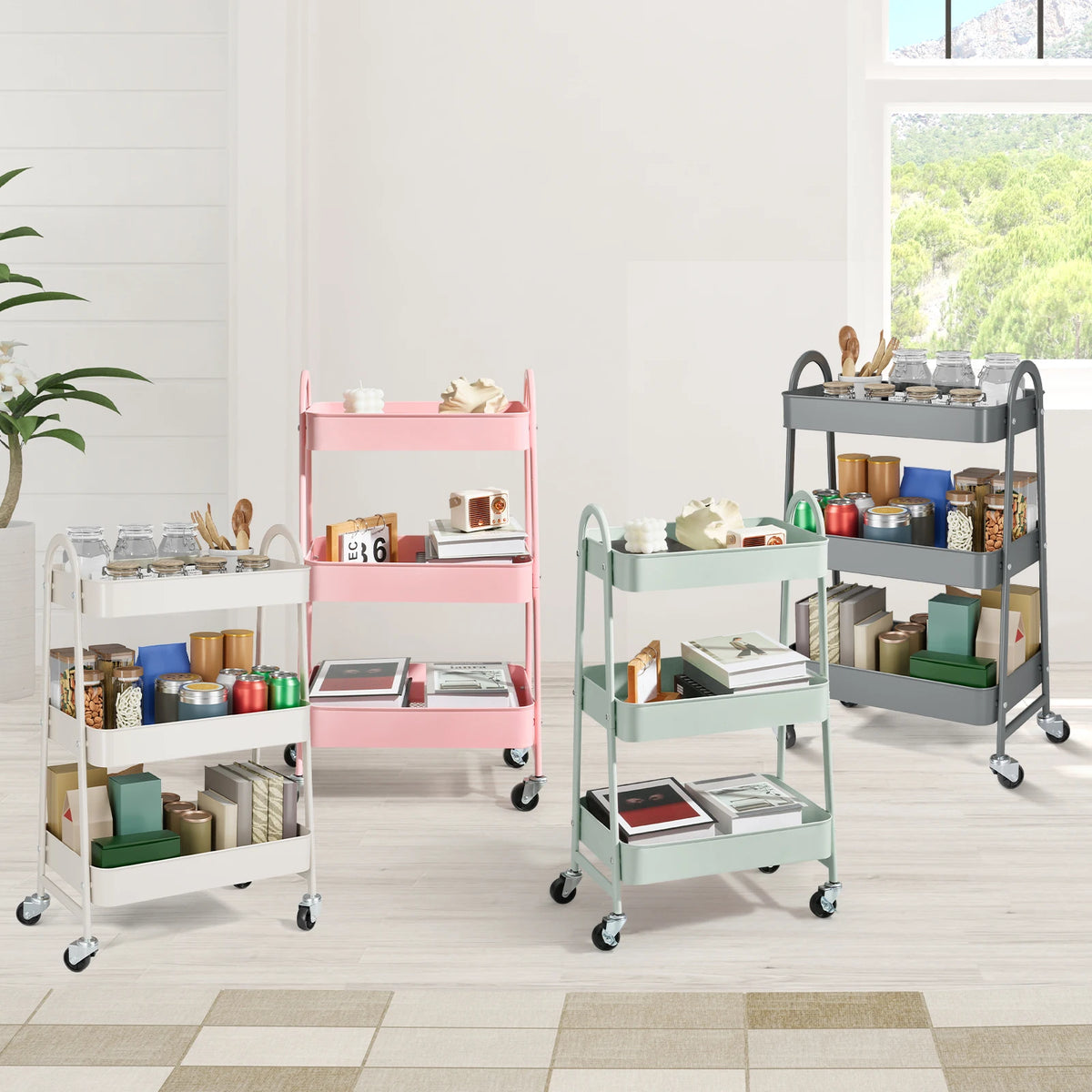 3 Tier Rolling Cart - Metal Kitchen Storage Cart on Wheels (Green)