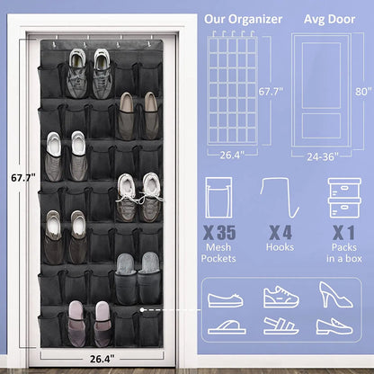 Over-door shoe organizer dimensions: 67.7 by 26.4 inches with 35 pockets and 4 hooks