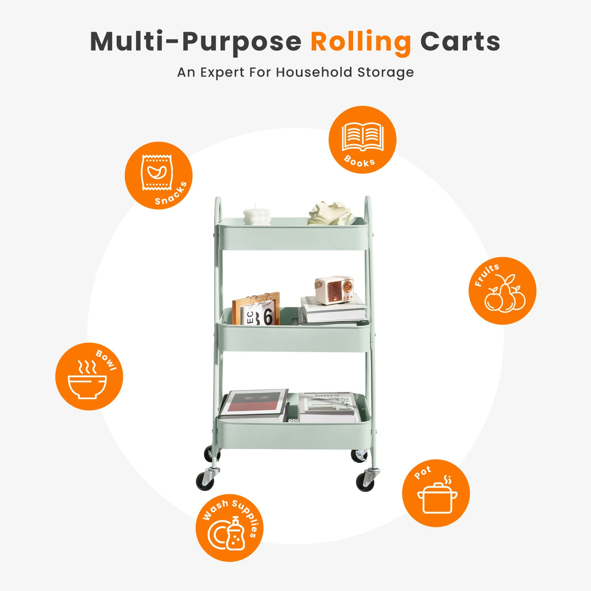 3 Tier Rolling Cart - Metal Kitchen Storage Cart on Wheels (Green)