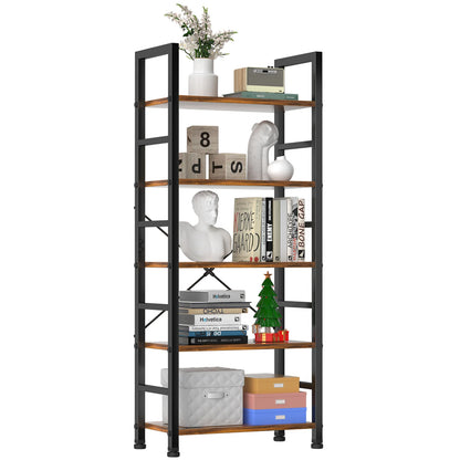 5 Tier Bookshelf - Tall Narrow Wood and Metal Bookcase (Black)