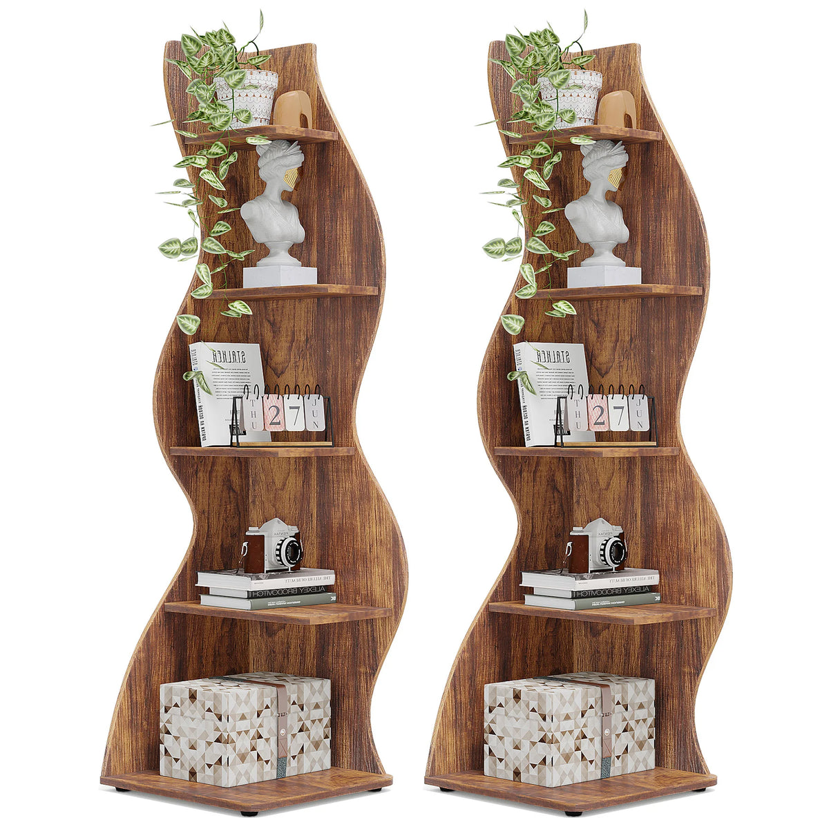 Corner Shelf - Tall 5-Tier Wood Corner Bookcase (Rustic Brown)