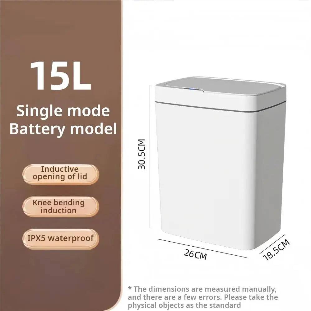 Touchless sensor trash can size diagram: 26cm long, 18.5cm wide, 30.5cm high, 15L