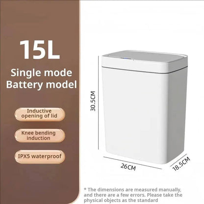 Touchless sensor trash can size diagram: 26cm long, 18.5cm wide, 30.5cm high, 15L