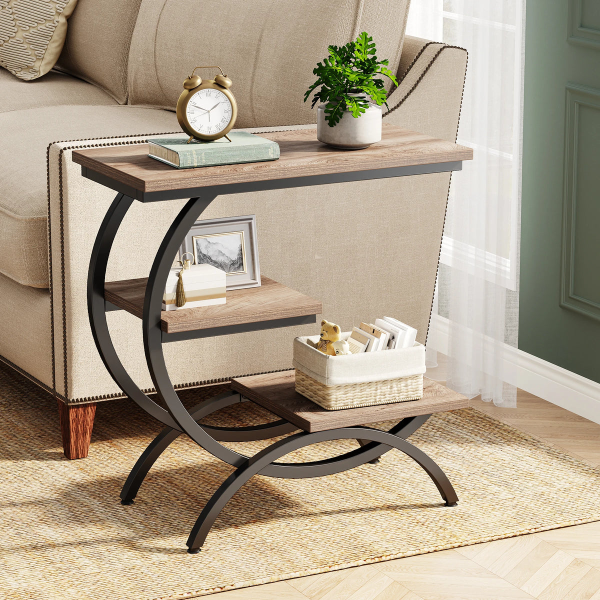 Side Table - C Shaped 3 Tier End Table (Light Brown)