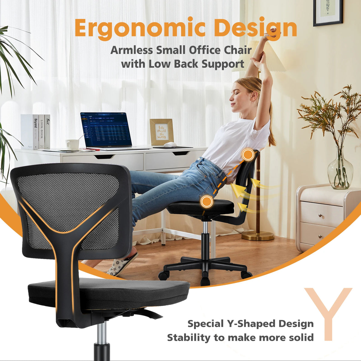 Armless Office Chair - Ergonomic Mesh Desk Chair (Black)