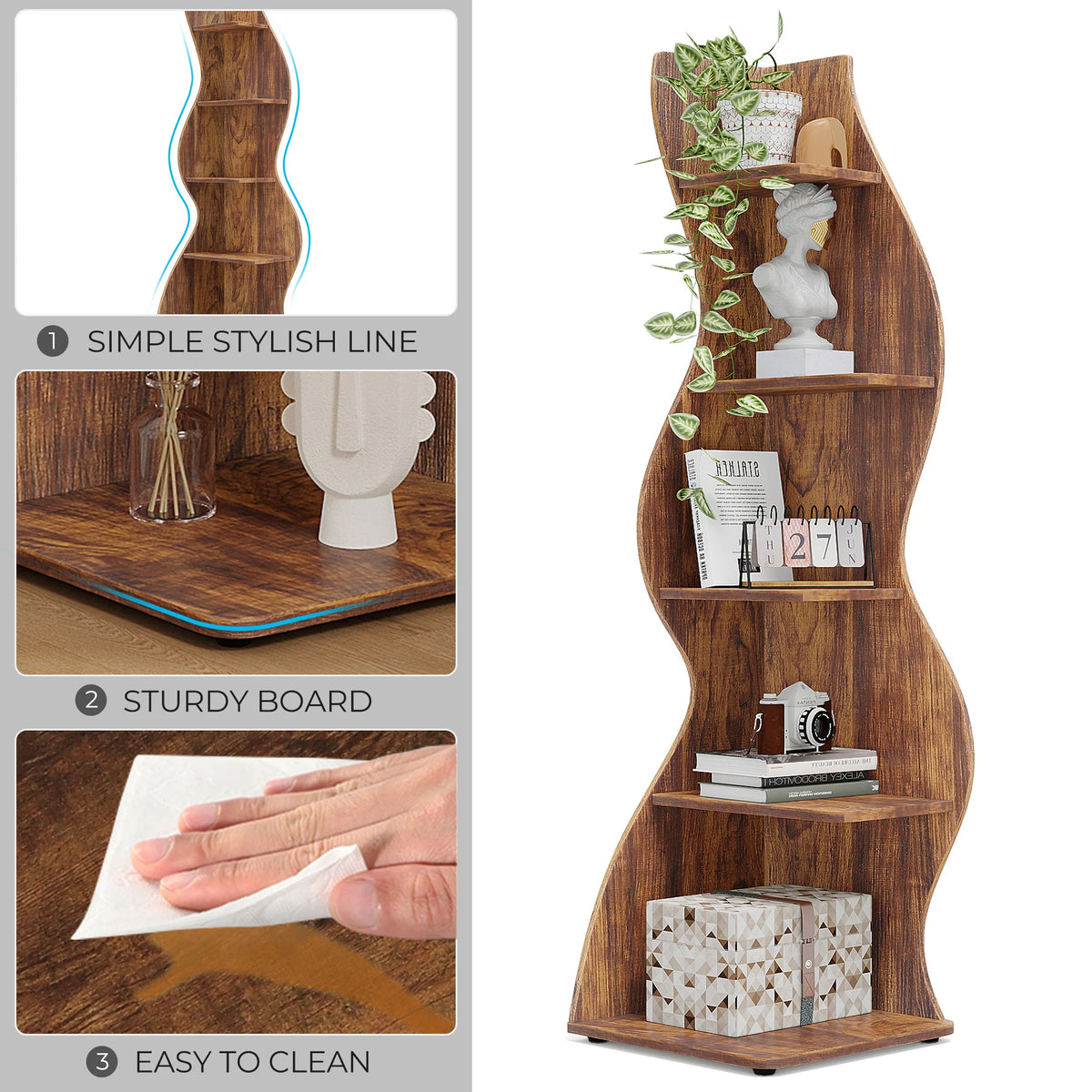 Corner Shelf - Tall 5-Tier Wood Corner Bookcase (Rustic Brown)