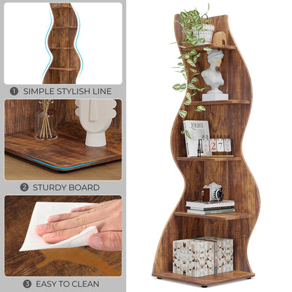 Corner Shelf - Tall 5-Tier Wood Corner Bookcase (Rustic Brown)