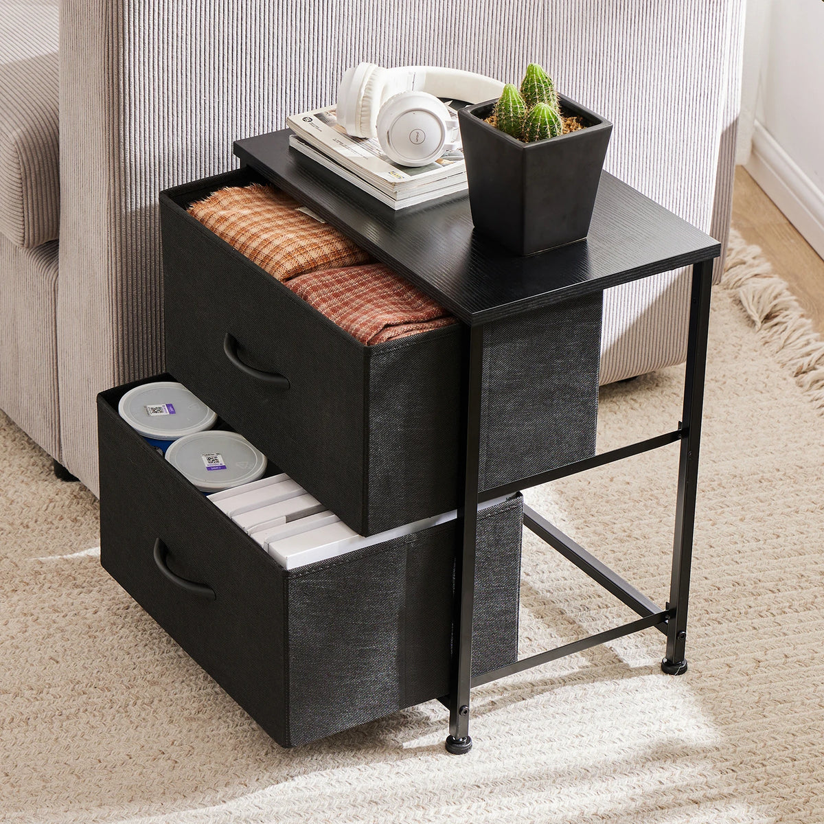 Black Nightstand - Small 2 Drawer Bedside Table with Fabric Drawers