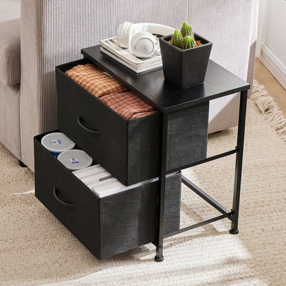 Black Nightstand - Small 2 Drawer Bedside Table with Fabric Drawers