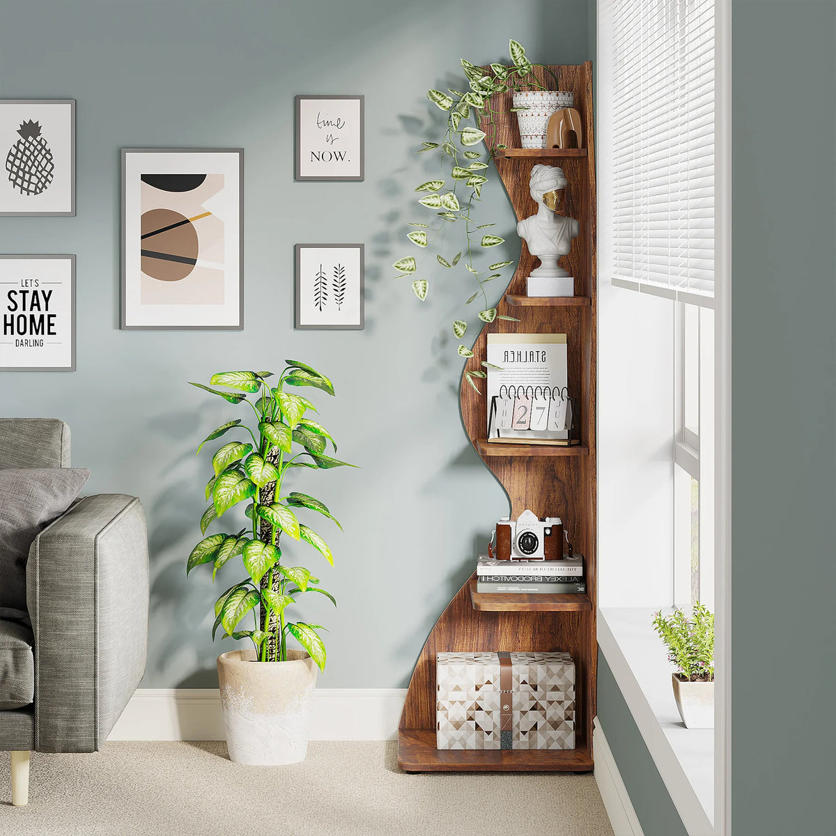 Corner Shelf - Tall 5-Tier Wood Corner Bookcase (Rustic Brown)