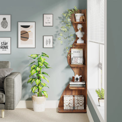 Corner Shelf - Tall 5-Tier Wood Corner Bookcase (Rustic Brown)