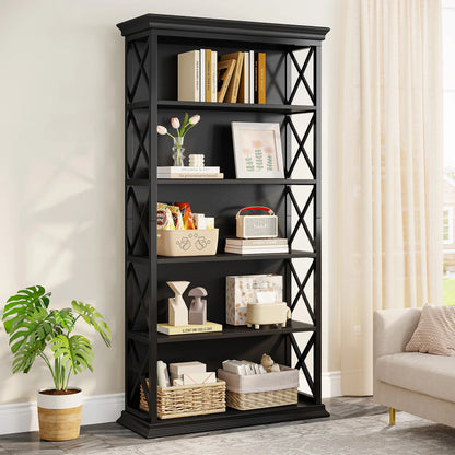 Industrial Bookshelf - 70.87in Tall Metal X-Frame Bookcase (Black 01)