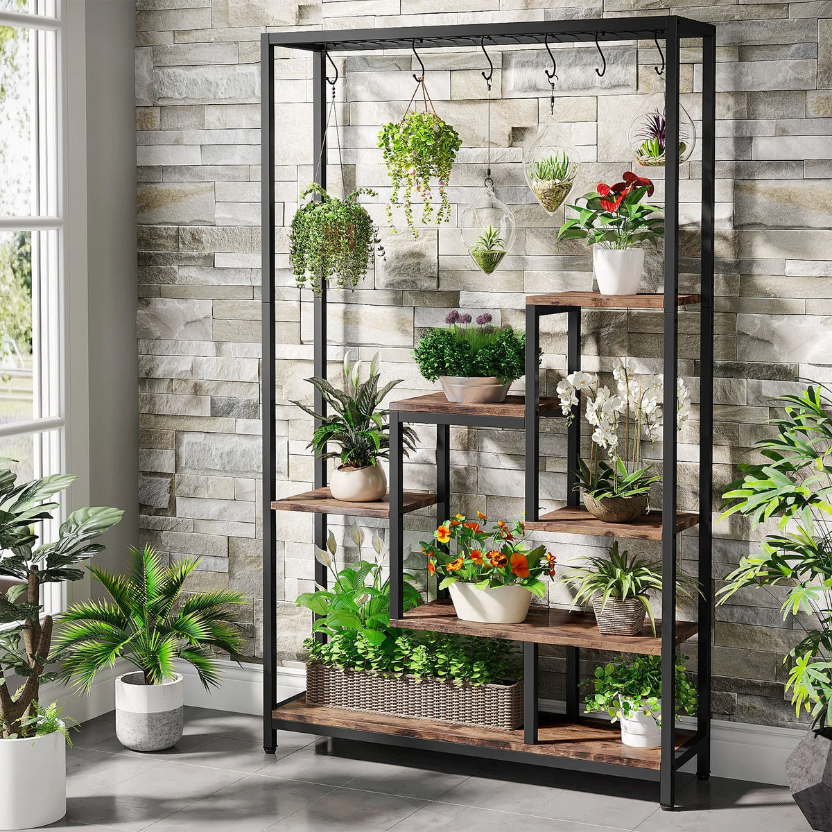 Tiered Plant Stand - 5 Tier Tall Metal Indoor Plant Shelf (Brown)