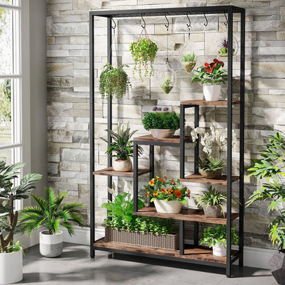 Tiered Plant Stand - 5 Tier Tall Metal Indoor Plant Shelf (Brown)