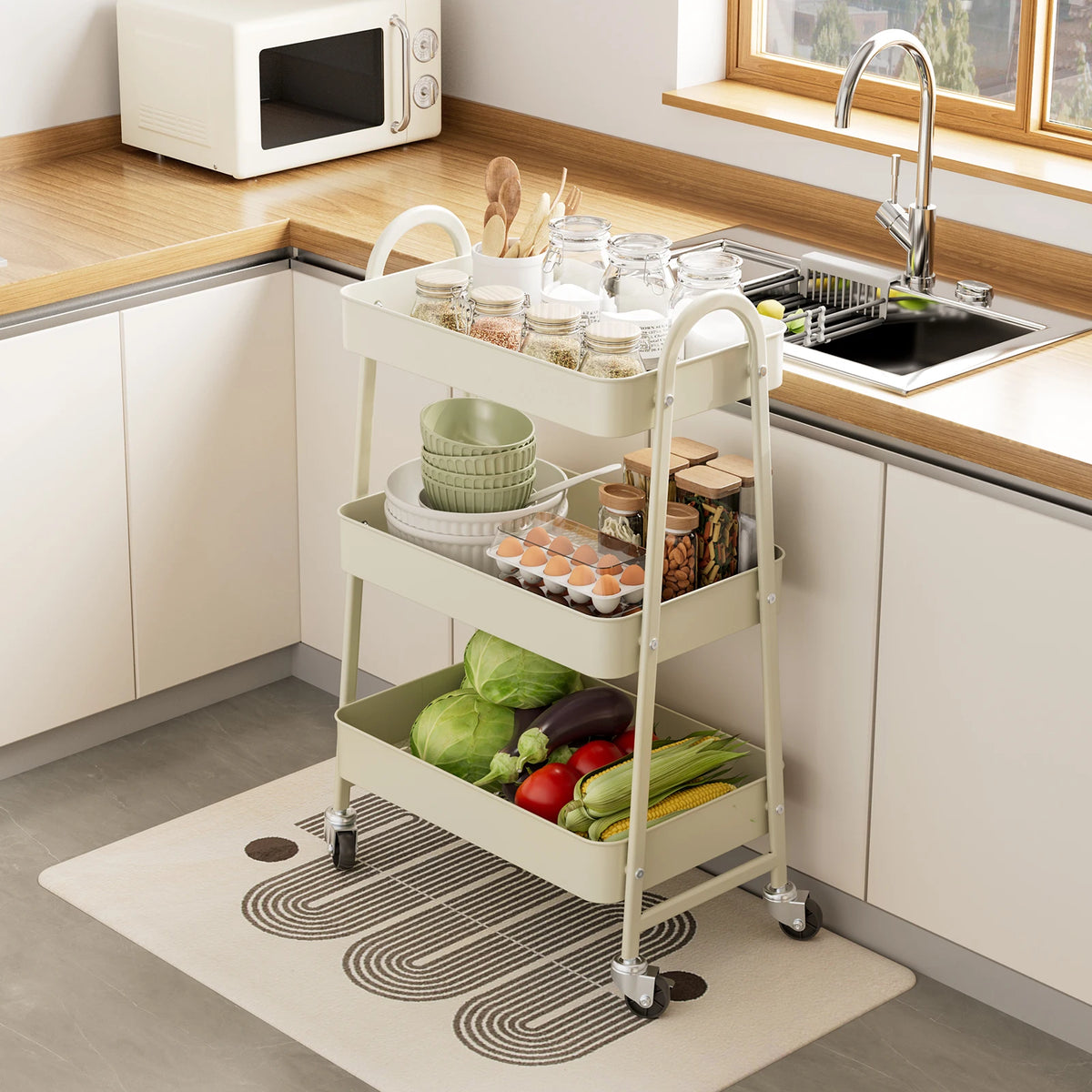 3 Tier Rolling Cart - White Kitchen Storage Cart on Wheels