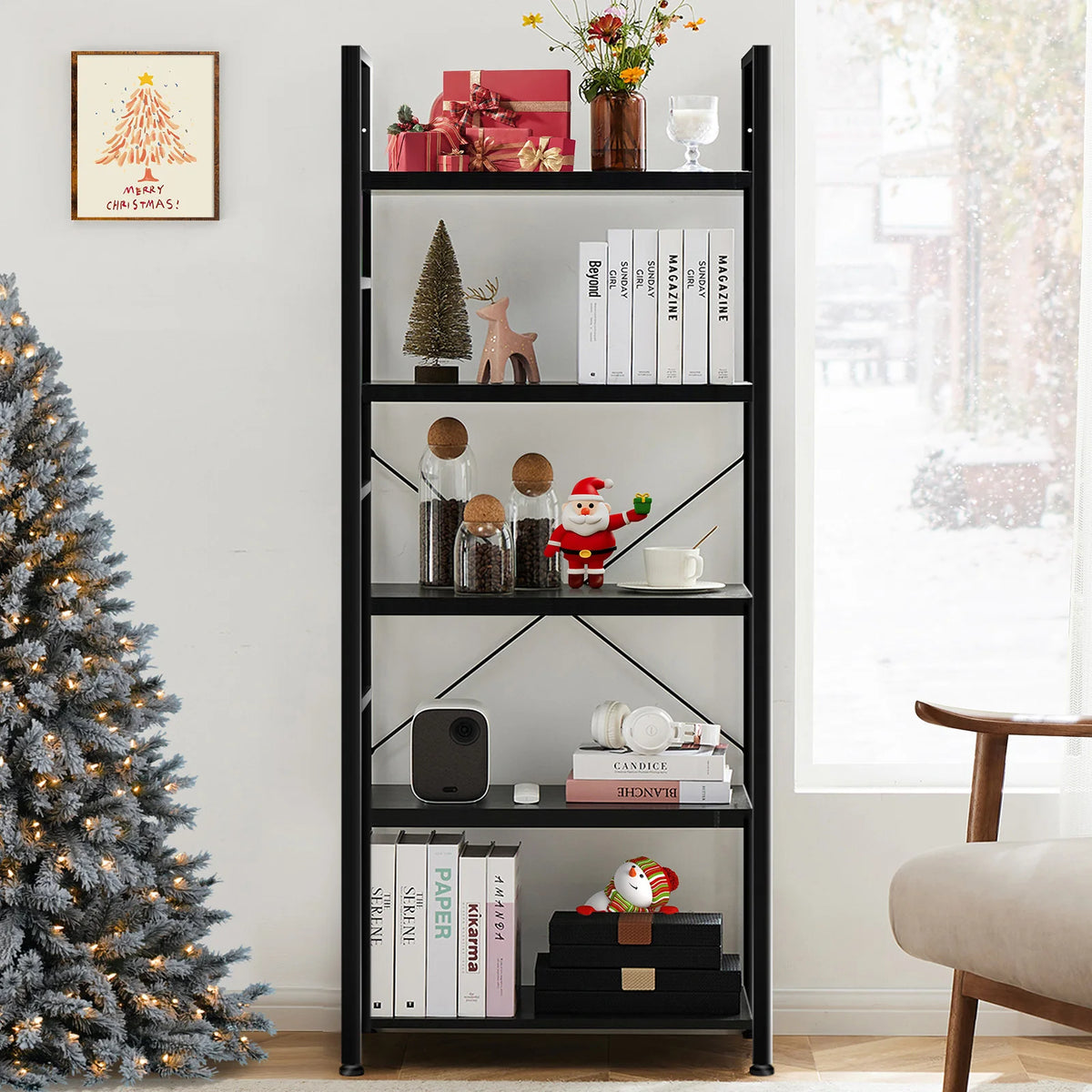 5 Tier Bookshelf - Tall Narrow Wood and Metal Bookcase (Black)