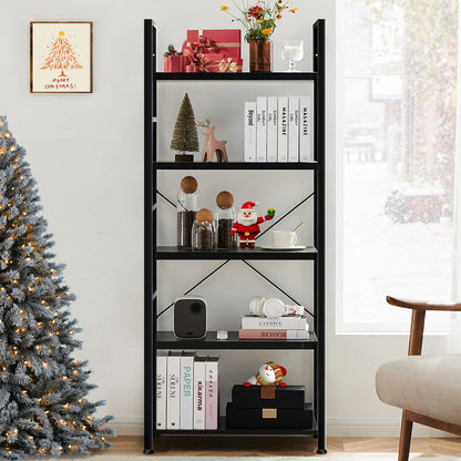 5 Tier Bookshelf - Tall Narrow Wood and Metal Bookcase (Black)